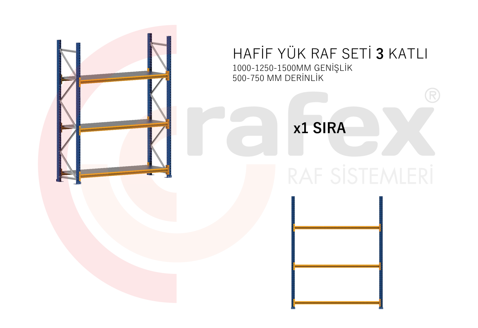 3 Katlı Hafif Yük Raf Sistemi 1 Set 1500 MM - 500 MM