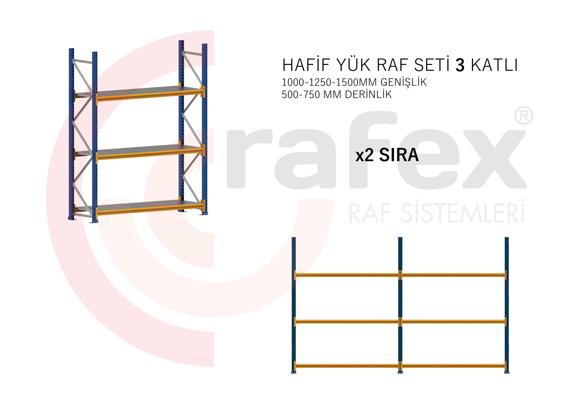 3 Katlı Hafif Yük Raf Sistemi 2 Set