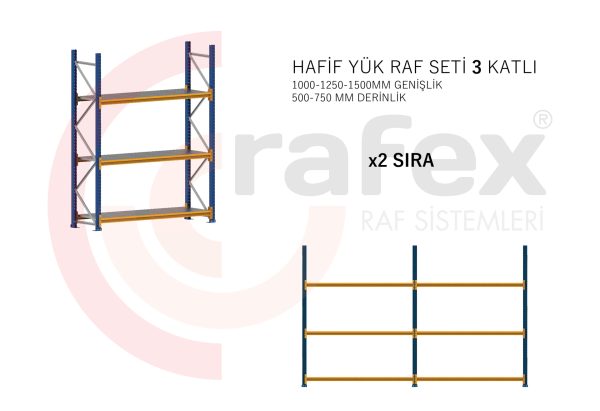 3 Katlı Hafif Yük Raf Sistemi 2 Set