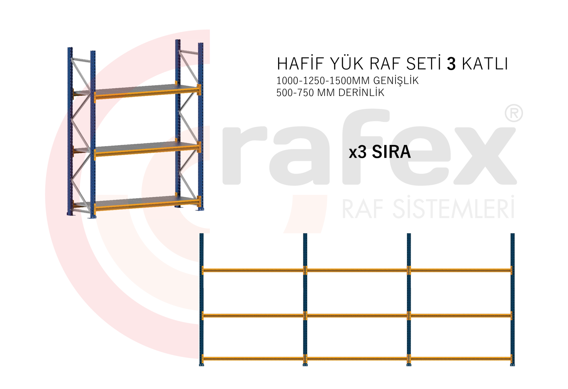 3 Katlı Hafif Yük Raf Sistemi 3 Set