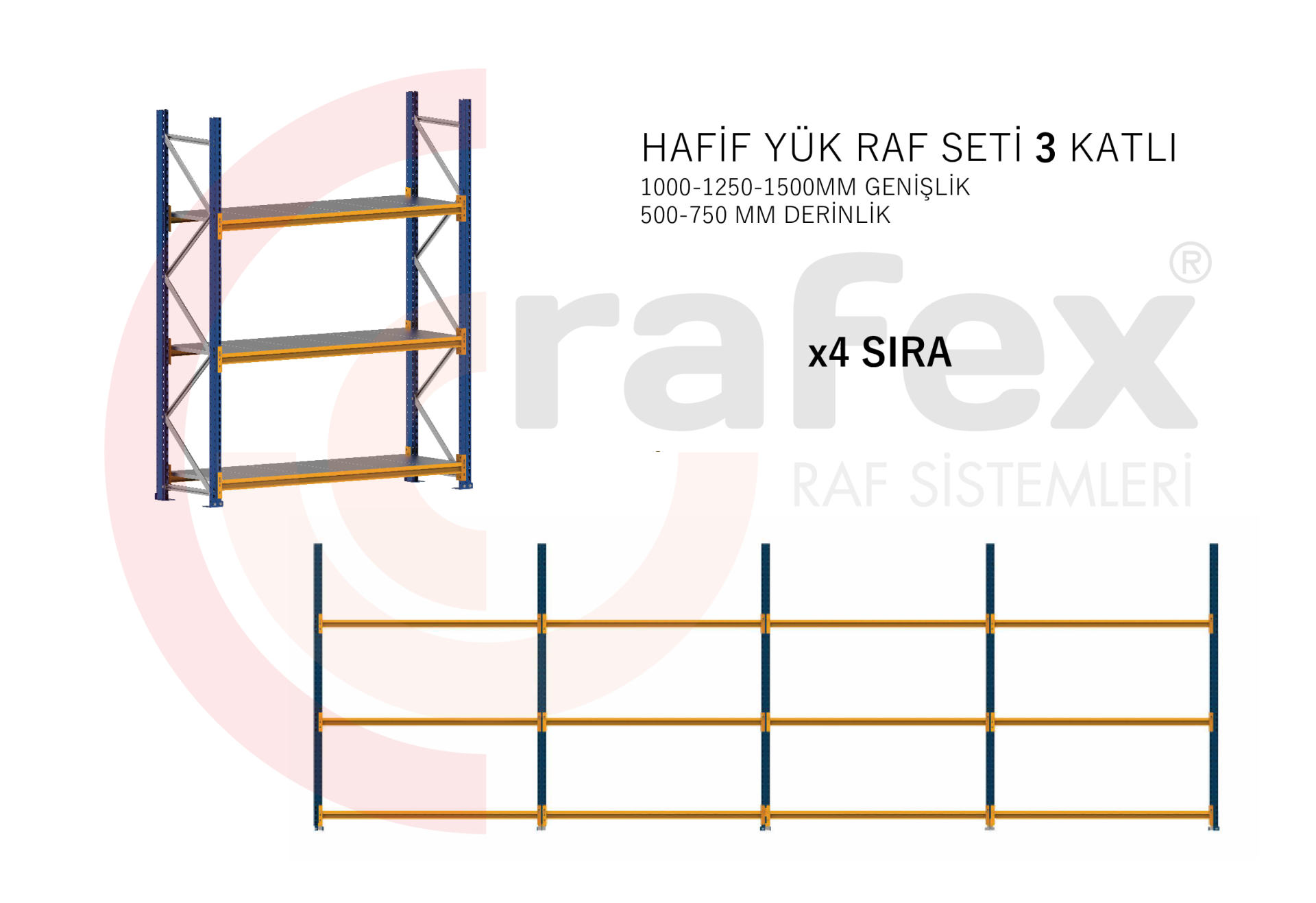 3 Katlı Hafif Yük Raf Sistemi 4 Set 500 MM - 1500 MM