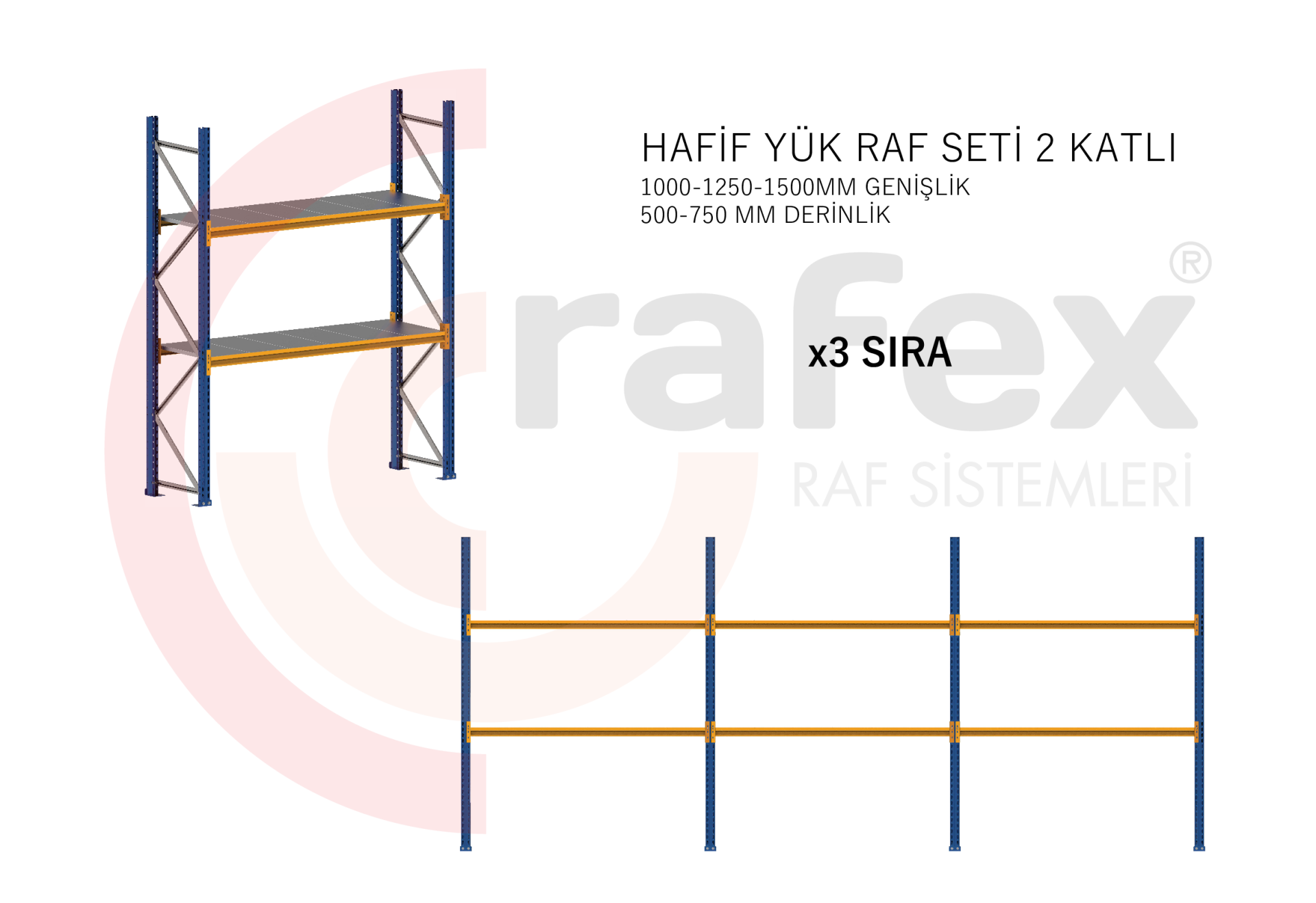 2 Katlı Hafif Yük Raf Sistemi 3 Set