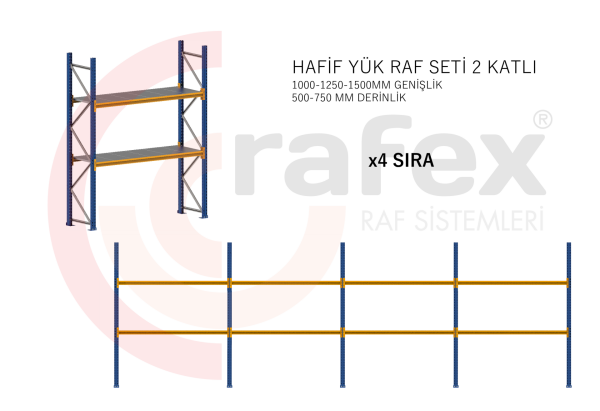 2 Katlı Hafif Yük Raf Sistemi 4 Set